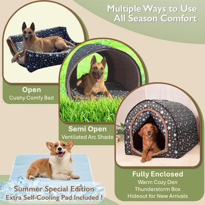 TU'ERYE 2-in-1 Dog House Bed for Large Size Dogs with Self Cooling Pad 2XL, Indoor Outdoor Convertible Cozy Cave Bed with Canopy with Cooling Mat for Large Pets