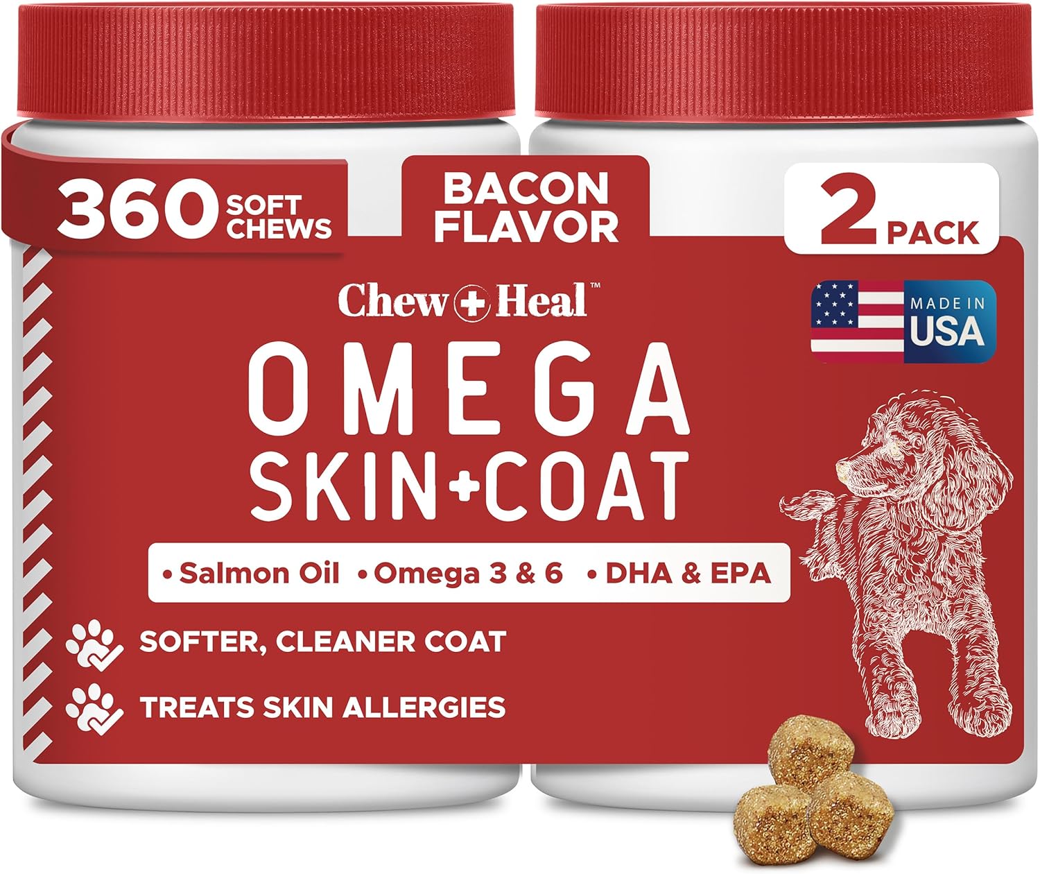 Salmon Oil for Dogs - 180 Soft Chew Omega Treats for Skin and Coat - Fish Oil Blend of Essential Fatty Acids, Omega 3 and 6, Vitamins, Antioxidants and Minerals - Made in USA