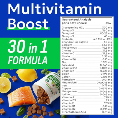 BARK&SPARK Dog Vitamins & Supplements - Multivitamin Chewable Treats for Dogs - Glucosamine Chondroitin for Joint Support + Omega for Skin & Coat + Probiotics - Multi Vitamin for Pets Health - 120Ct