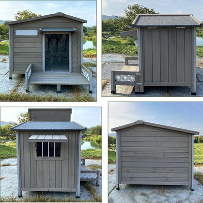 Dog House Outdoor Wooden Dog Kennel Outdoor Weatherproof Chew-Proof Iron Frame, Removable Floor and Adjustable Window for Small Medium Some Large Dogs(Gray, 34.6" L x 25.6" W x28.2 H)
