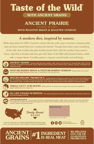 Taste of the Wild with Ancient Grains, Ancient Prairie Canine Recipe with Roasted Bison and Venison Dry Dog Food, Made with High Protein from Real Meat and Guaranteed Nutrients and Probiotics 28lb