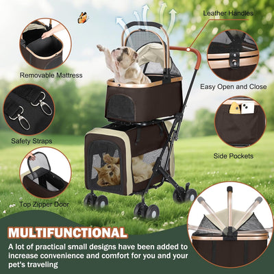 Double Pet Stroller for 2 Dogs or Cats - with 2 Detachable Carrier Cages, Portable Double Dog Strollers with 4 Lockable Wheels for Small Medium Dogs, Travel Cart,Foldable, Sturdy (Coffee)