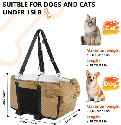Dog Car Seat for Small Dogs Adjustable Portable Center Console Dog Car Seat Removable Cat Booster Cars Seats - Safety Belt with Cushion Anti-Collapse for Puppy Kitten Up to 15 Lb