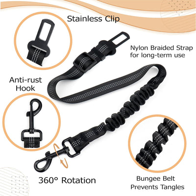 Reflective Bungee Dog Seatbelt Set of 2 with Hook, Adjustable Heavy Duty Elastic Pet Seat Belt for Vehicle, Durable Nylon Car Harness for Dogs, Pet Safety Travel