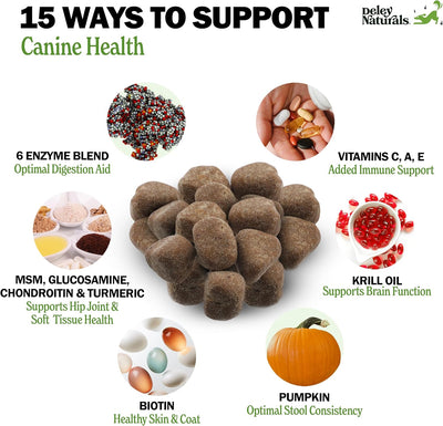 Deley Naturals Dog Multivitamins Chewable - 15 in 1 Dog Vitamins and Supplements for Immune System, Skin, Joint Support & Digestion - Dog Multivitamin for All Ages - Dog Vitamins Made in The USA