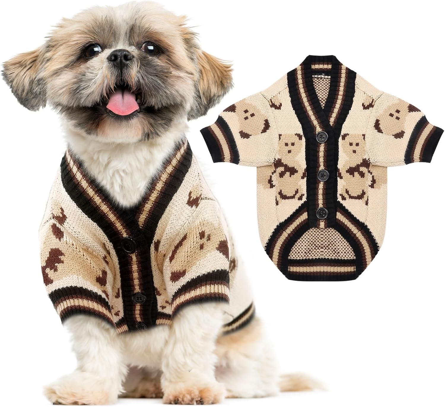 Small Dog Sweaters Cute Bear Dog Cardigans Clothes for Small Medium Dogs Boy Girl Puppy Cat Knitting Cardigan Outfits Dogs Winter Coats Warm Pet Doggy Clothes Soft Knitwear Apparel (Beige,XS)
