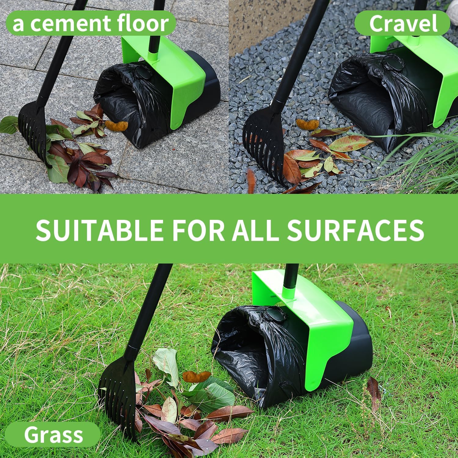 Pooper Scooper Large Swivel Bin & Rake with 160 Waste Bags,Heavy Duty Dog Pooper Scooper with Bag Attachment for Dogs, Long Handle Poop Scooper with Lid for Yard, Grass, Gravel(Green)