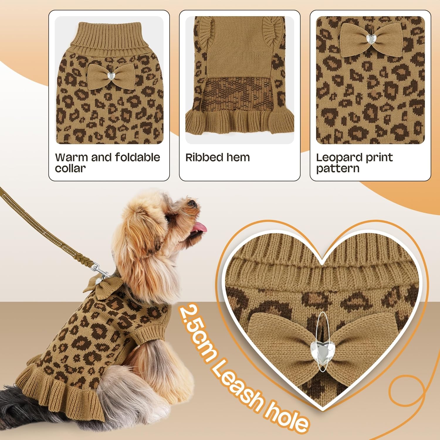 YUDODO Small Dog Sweater Dress with Bowtie Turtleneck Leopard Knitted Pet Girl Dog Winter Clothes Warm Sweater for Yorkies Chihuahua with Leash Hole (S, Khaki Leopard Dress)