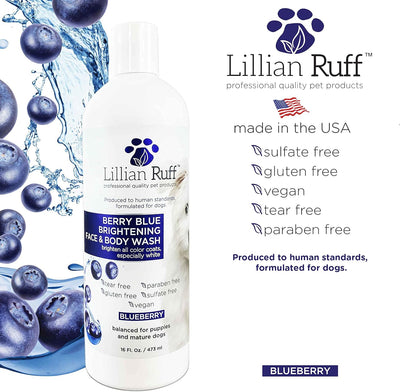 Lillian Ruff Berry Blue Brightening Face and Body Wash for Dogs - Blueberry Shampoo - Remove Tear Stains, Hydrate Dry Itchy Skin, Add Shine & Luster to Coats (Berry Blue Shampoo & Conditioner Set)