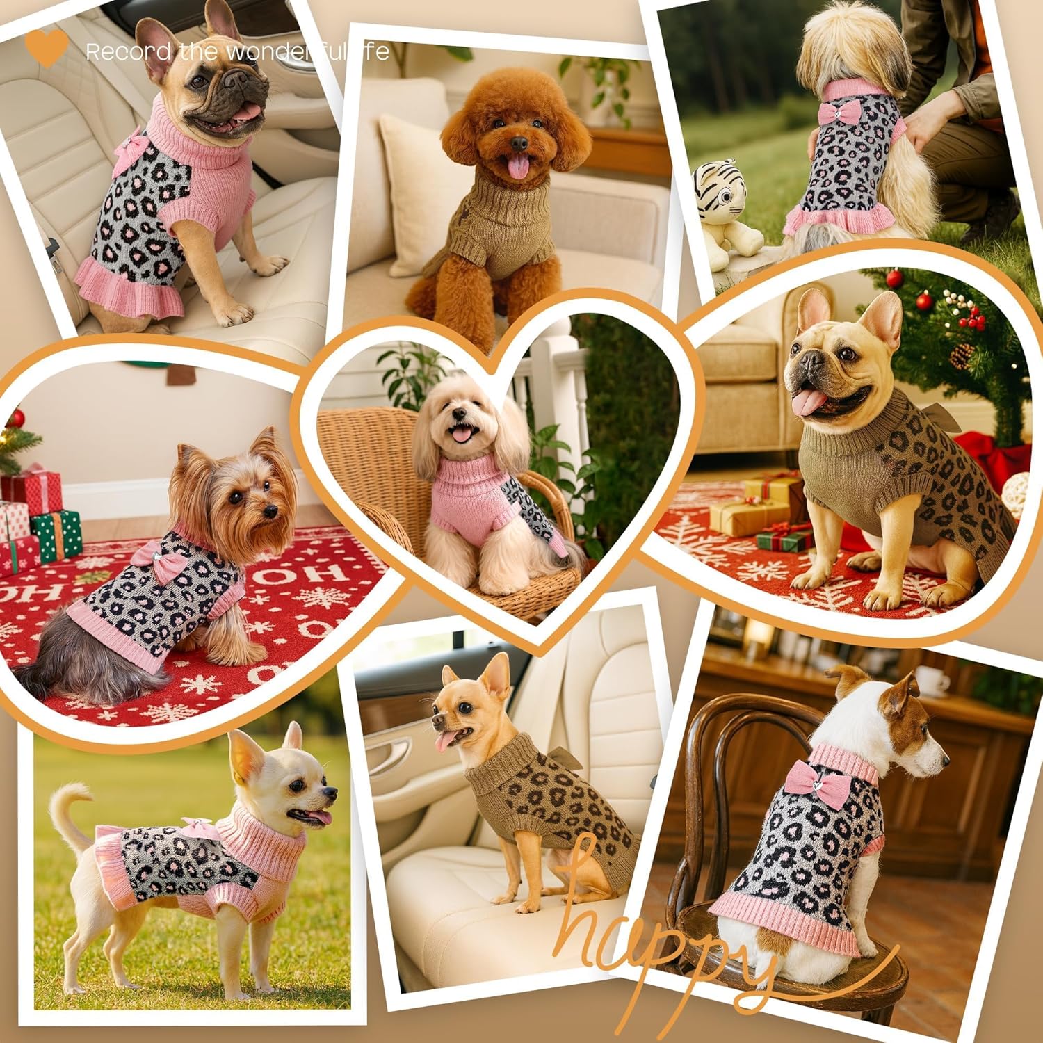 YUDODO Small Dog Sweater Dress with Bowtie Turtleneck Leopard Knitted Pet Girl Dog Winter Clothes Warm Sweater for Yorkies Chihuahua with Leash Hole (S, Khaki Leopard Dress)