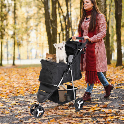 Foldable Pet Stroller for Cats and Dogs 3 Wheels Carrier Strolling Cart with Weather Cover, Storage Basket + Cup Holder (Black)