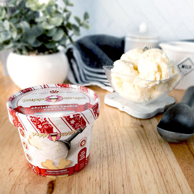 Puppy Scoops Christmas Dog Ice Cream Mix Gift Pack - Add Water and Freeze at Home, Powder Mix with Ice Cream Cup and Lid- (4 Pack 2.32oz Christmas Flavors) 9.28oz - Made in USA