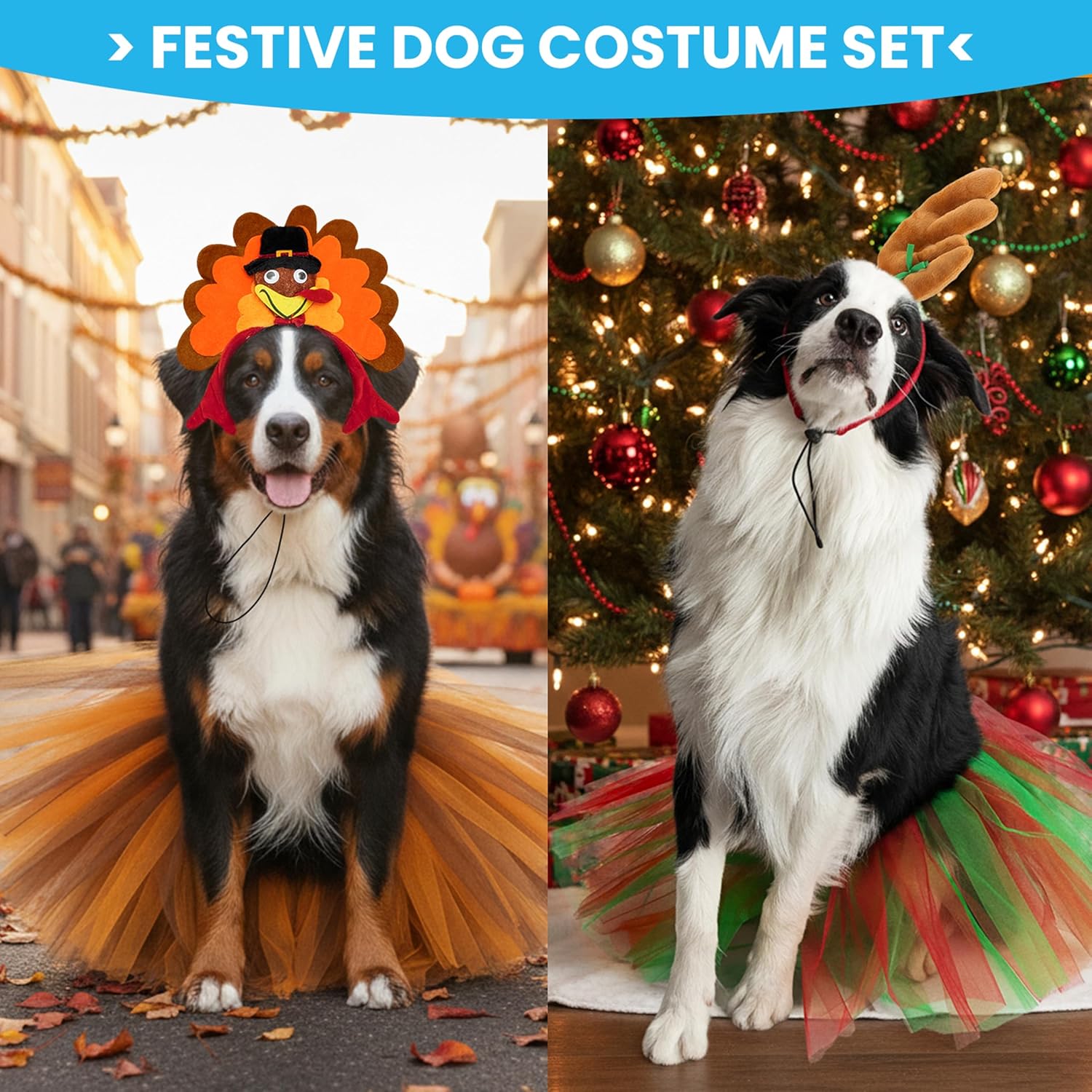 PAWNISAW Thanksgiving & Christmas Dog Costume Set, Cute Turkey & Antler Headband & Dog Tutu Dress Holiday Party Outfit Accessories for Medium, Large Dogs