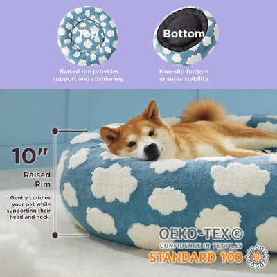 Lesure Donut Dog Beds Large Sized Dog - Round Pet Beds for Calming Puppy with Washable Cover, Orthopedic Modern Beds with Jacquard Shaggy Plush & Anti Slip Bottom, 36 Inch，Blue