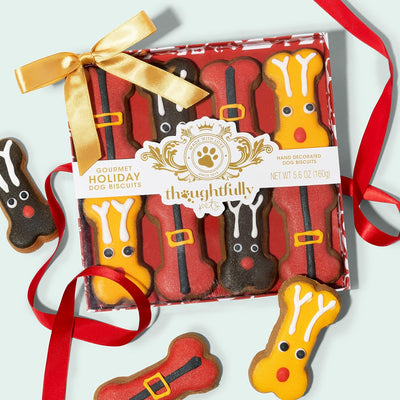 Thoughtfully Pets, Holiday Dog Gourmet Cookies Gift Set, Hand Decorated and Human Grade Ingredients, Crunchy Dog Biscuit Variety Pack Includes Bone Shaped Holiday Themes, 8 Piece Set