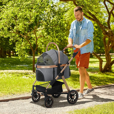 PawHut 3 in 1 Dog Stroller with Detachable Cabin, 4 Wheel Folding Lightweight Pet Stroller with Adjustable Canopy, Rubber Wheels, Storage Basket, Cupholder, for Small Dogs and Cats, Gray