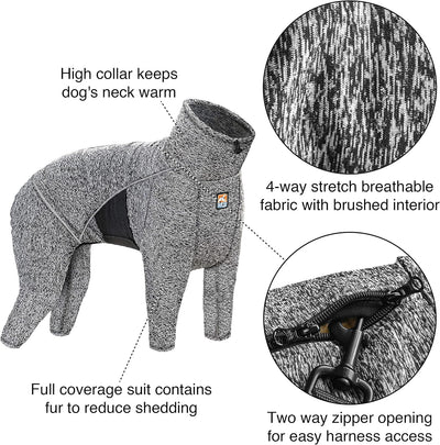 Kurgo Dog Onesie Body Warmer, Bodysuit for Dogs, Recovery Suit, Pet Pajamas, Reduce Anxiety, Contains Shedding, Leash Opening, Reflective, Stowe Base Layer, Heather Black/Grey (Medium)